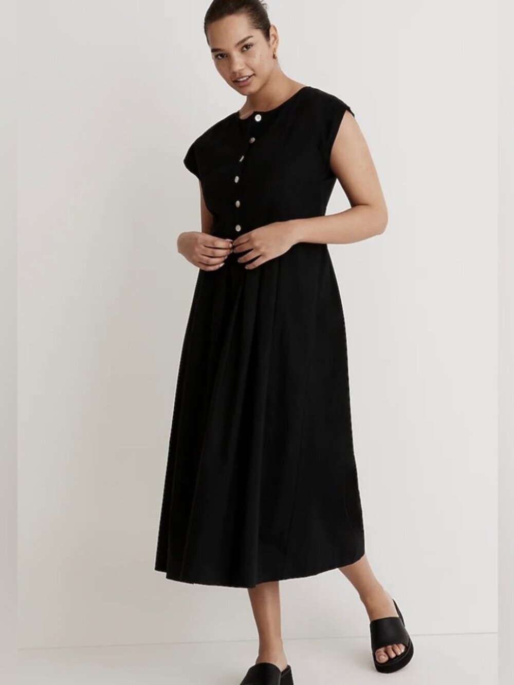 MADEWELL POPLIN BUTTON FRONT MIDI DRESS IN BLACK SZ XL